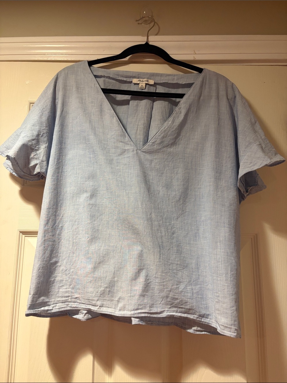 Madewell 100% Cotton V-Neck Flutter Sleeve Top in Blue XL